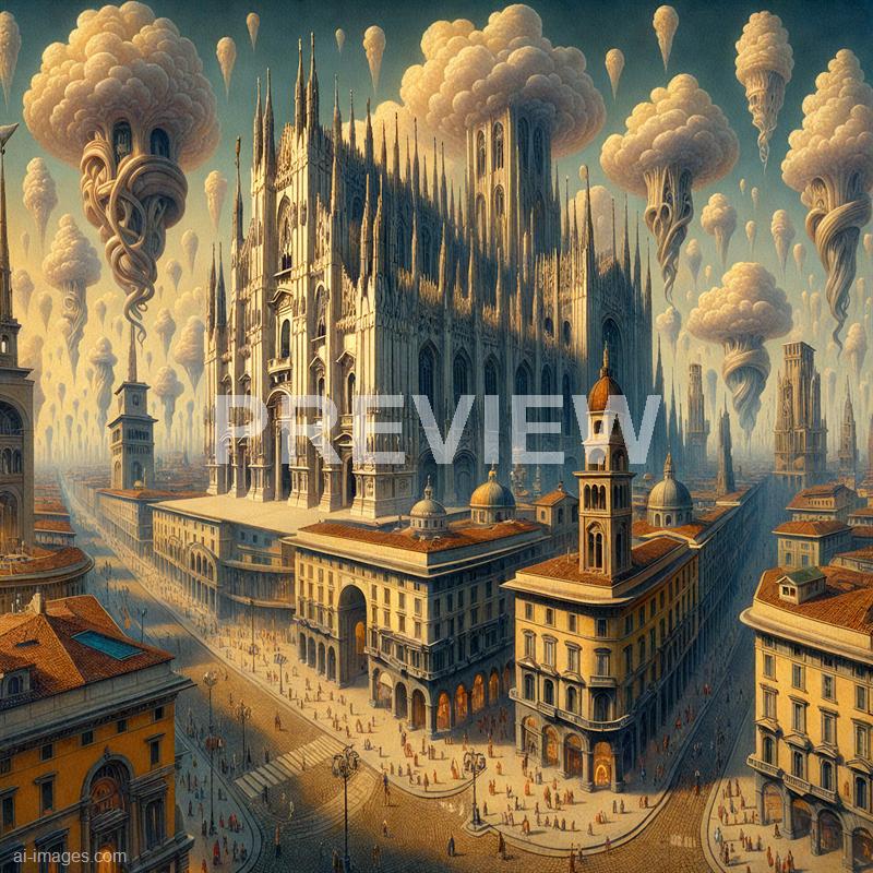 The image depicts a fantastical cityscape dominated by a towering, gothic-style cathedral with intricate architectural details and numerous spires. Surrounding the cathedral are several other buildings with domed roofs and clock towers, all set along a bustling street filled with tiny, detailed pedestrians and carriages. Above, the sky is filled with swirling, cloud-like formations and numerous floating, twisted cloud structures, creating a surreal, dreamlike atmosphere.